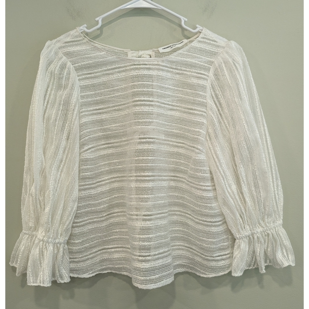 Amanda Uprichard White Sheer Shimmer Tie Back Blouse Medium